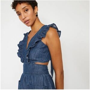 Warehouse Ruffle Pinafore Denim Dress